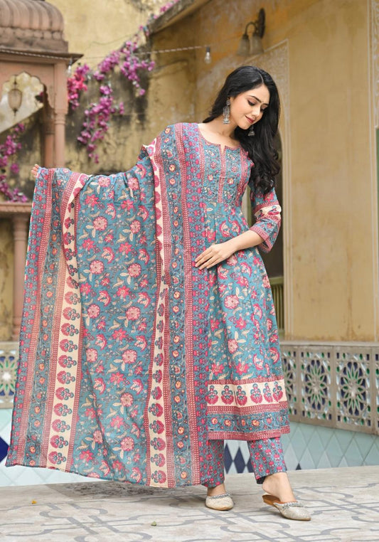 Teal Blossom Cotton Floral Suit