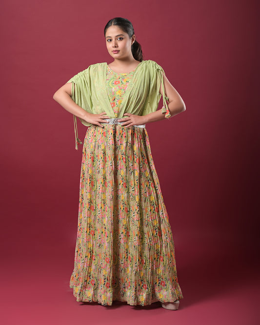 Meadow Bloom Pleated Gown